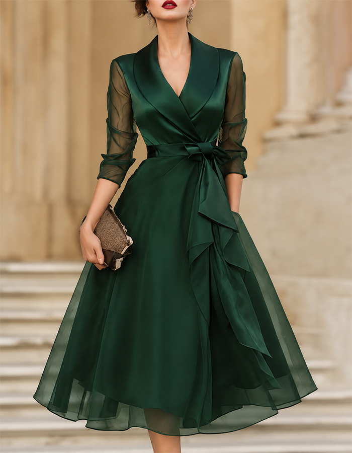 Burgundy Satin Tulle Midi Dress