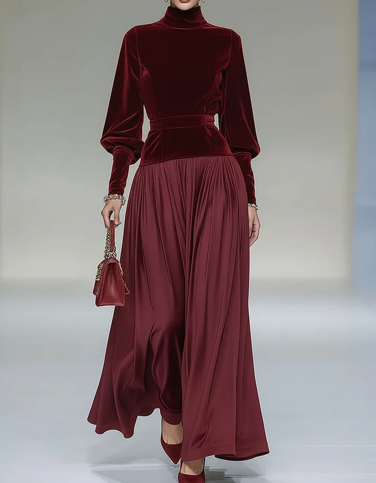 Samt-Maxikleid mit Stehkragen und Ballonärmeln