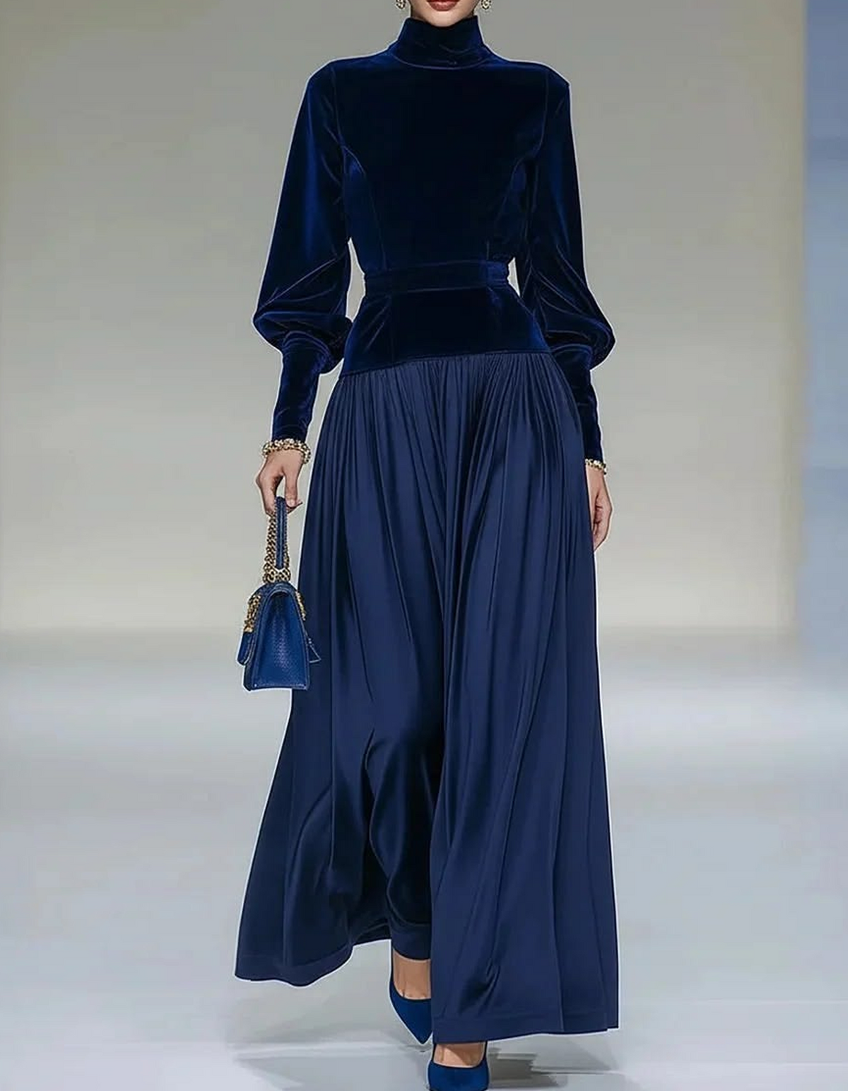 Samt-Maxikleid mit Stehkragen und Ballonärmeln