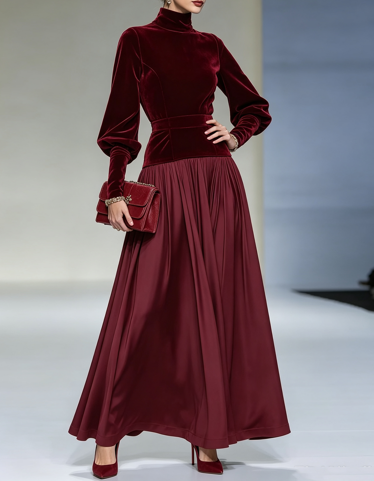 Samt-Maxikleid mit Stehkragen und Ballonärmeln