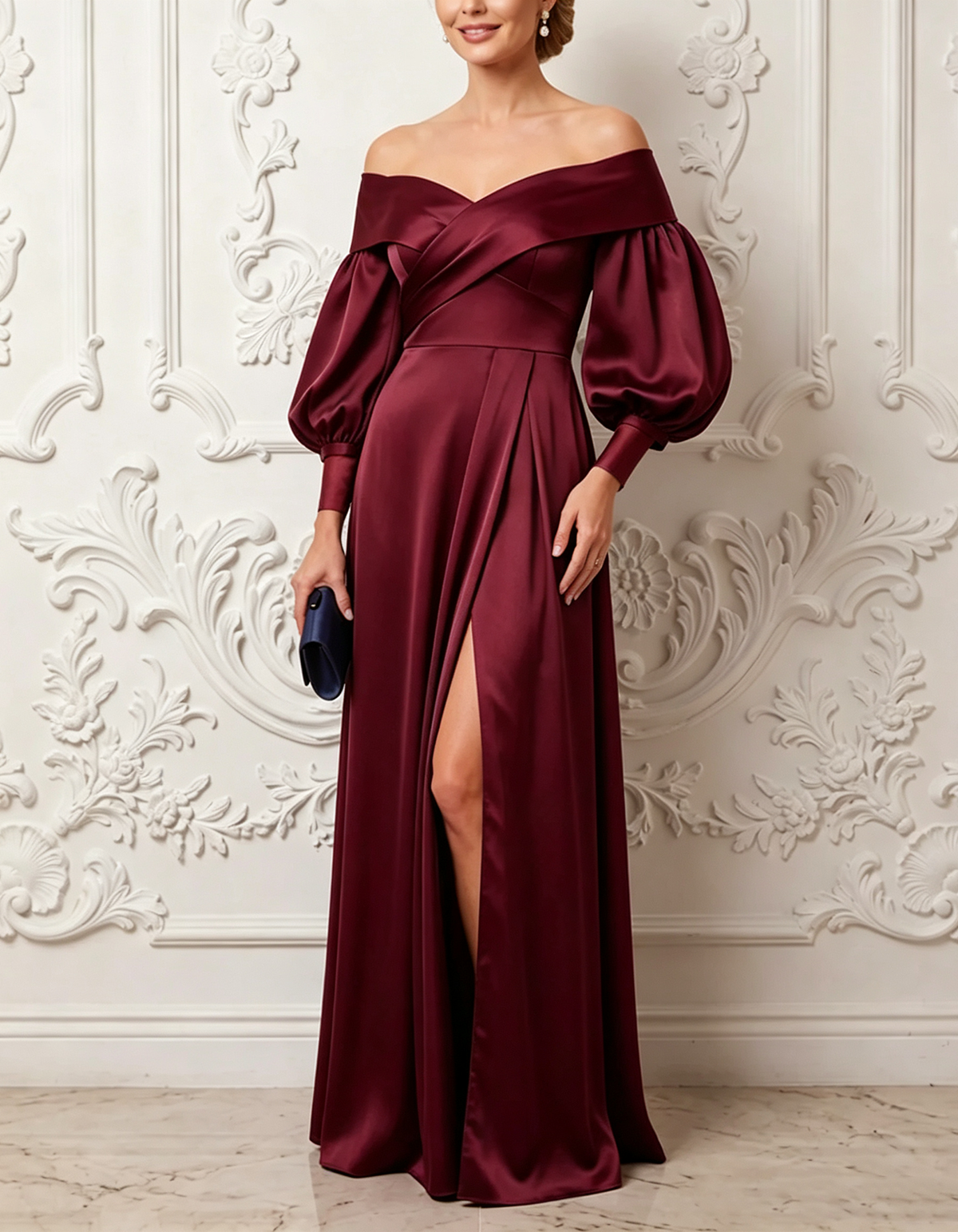 Marineblauwe off-shoulder satijnen maxi-jurk