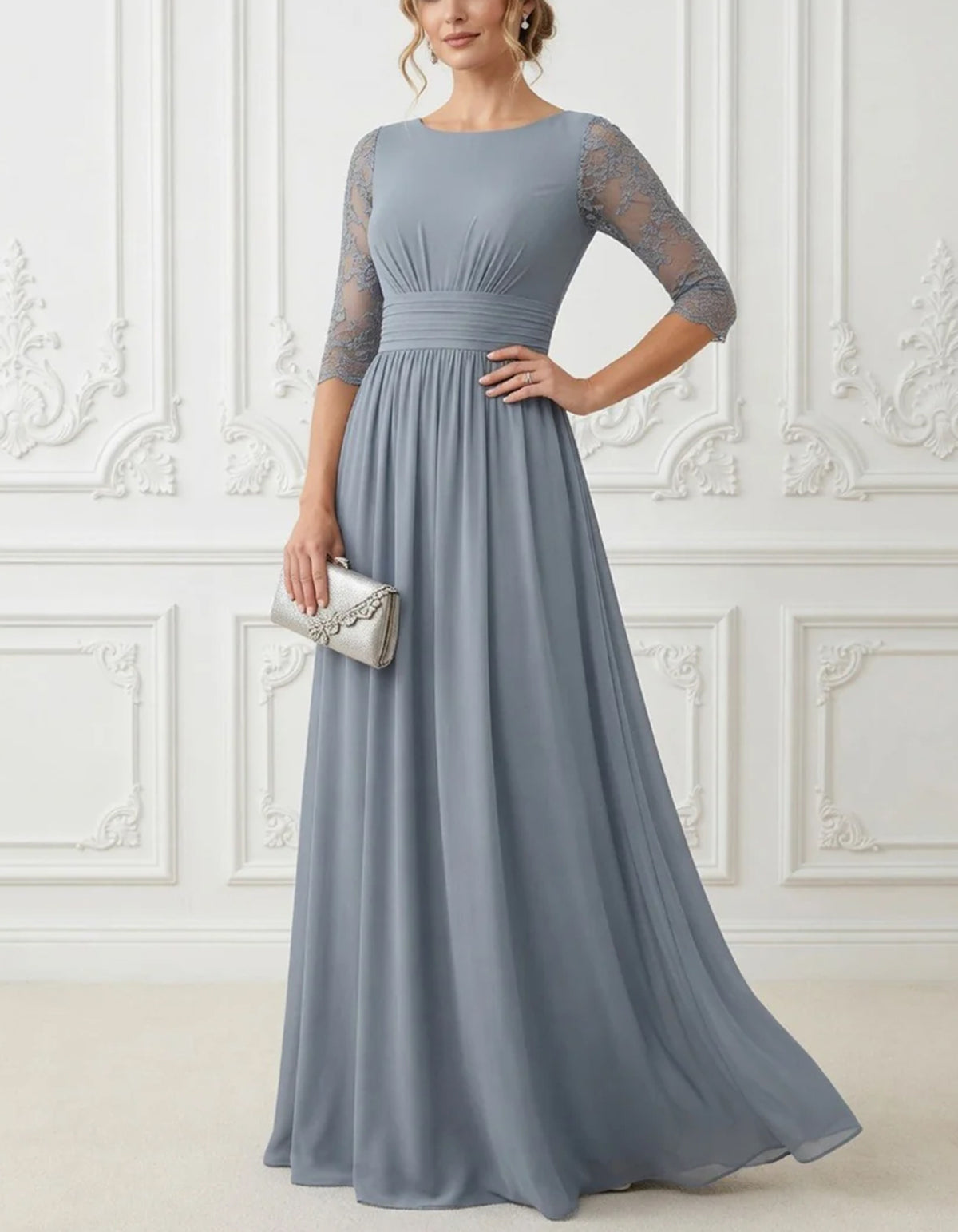 Vestido comprido em chiffon com gola redonda, renda transparente e mangas a 3/4