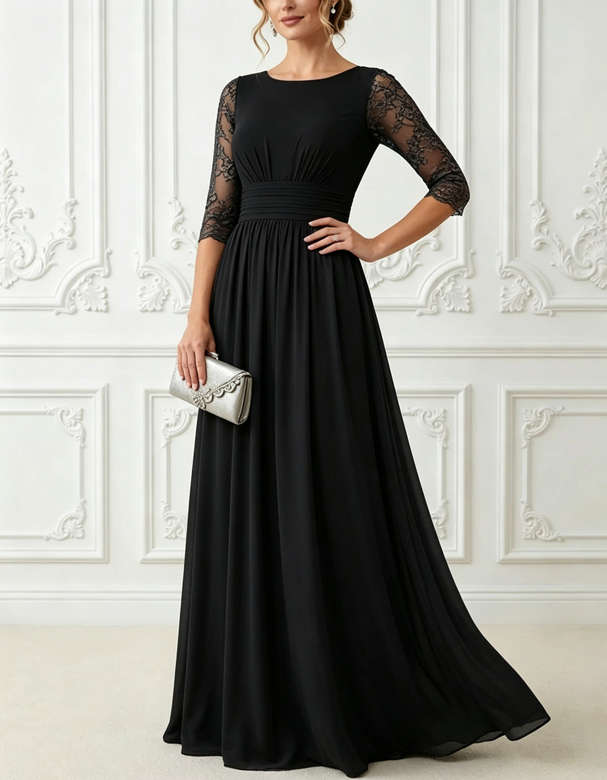 Vestido comprido em chiffon com gola redonda, renda transparente e mangas a 3/4