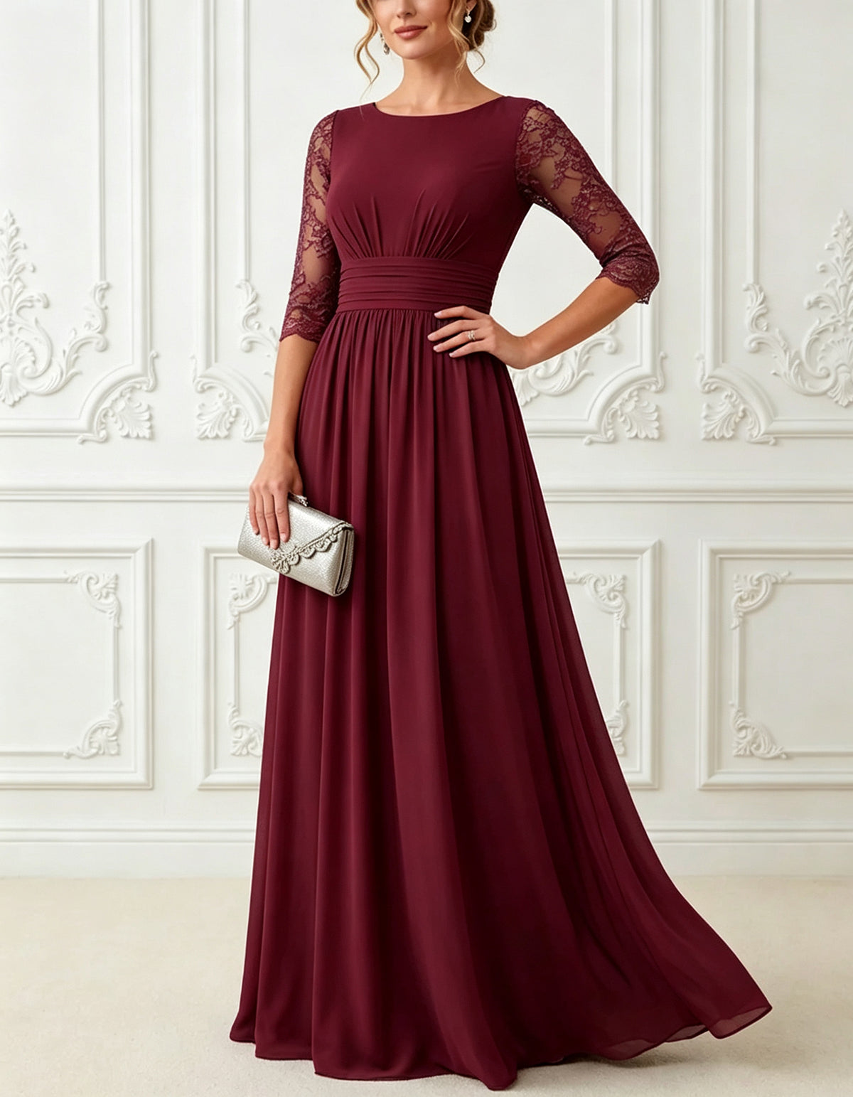 Vestido comprido em chiffon com gola redonda, renda transparente e mangas a 3/4