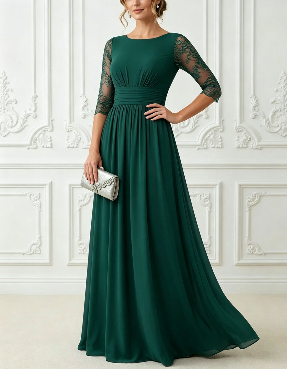 Vestido comprido em chiffon com gola redonda, renda transparente e mangas a 3/4