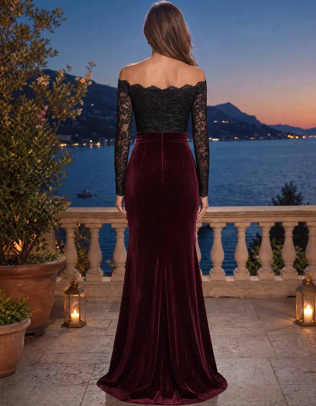 Robe longue à volants en dentelle et velours bordeaux, épaules dénudées