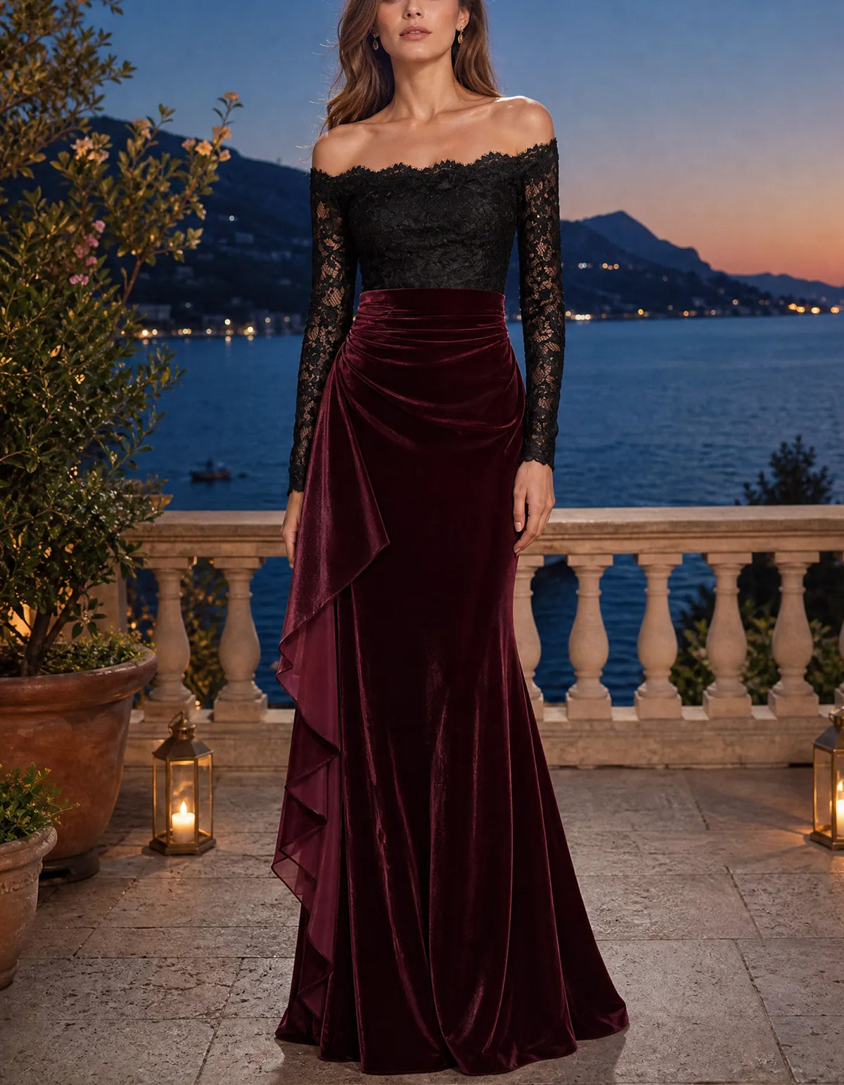 Robe longue à volants en dentelle et velours bordeaux, épaules dénudées