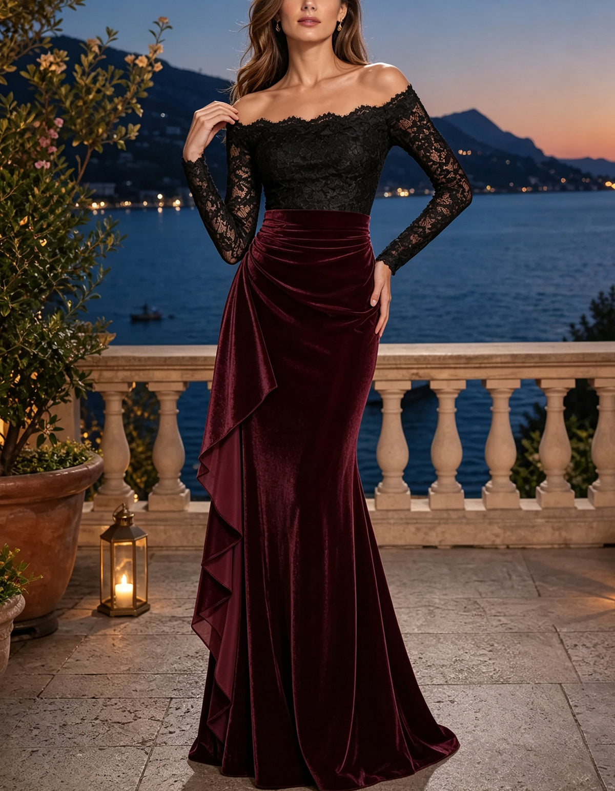 Robe longue à volants en dentelle et velours bordeaux, épaules dénudées