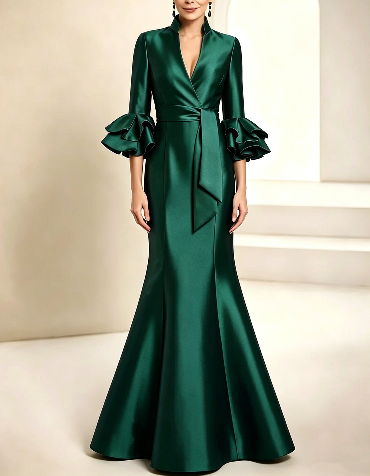 Robe longue maxi sirène en satin bleu roi, col montant et volants