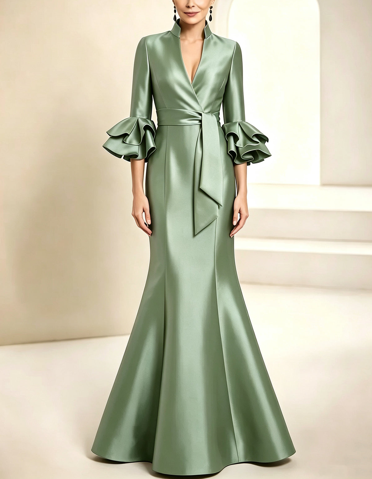 Robe longue maxi sirène en satin bleu roi, col montant et volants
