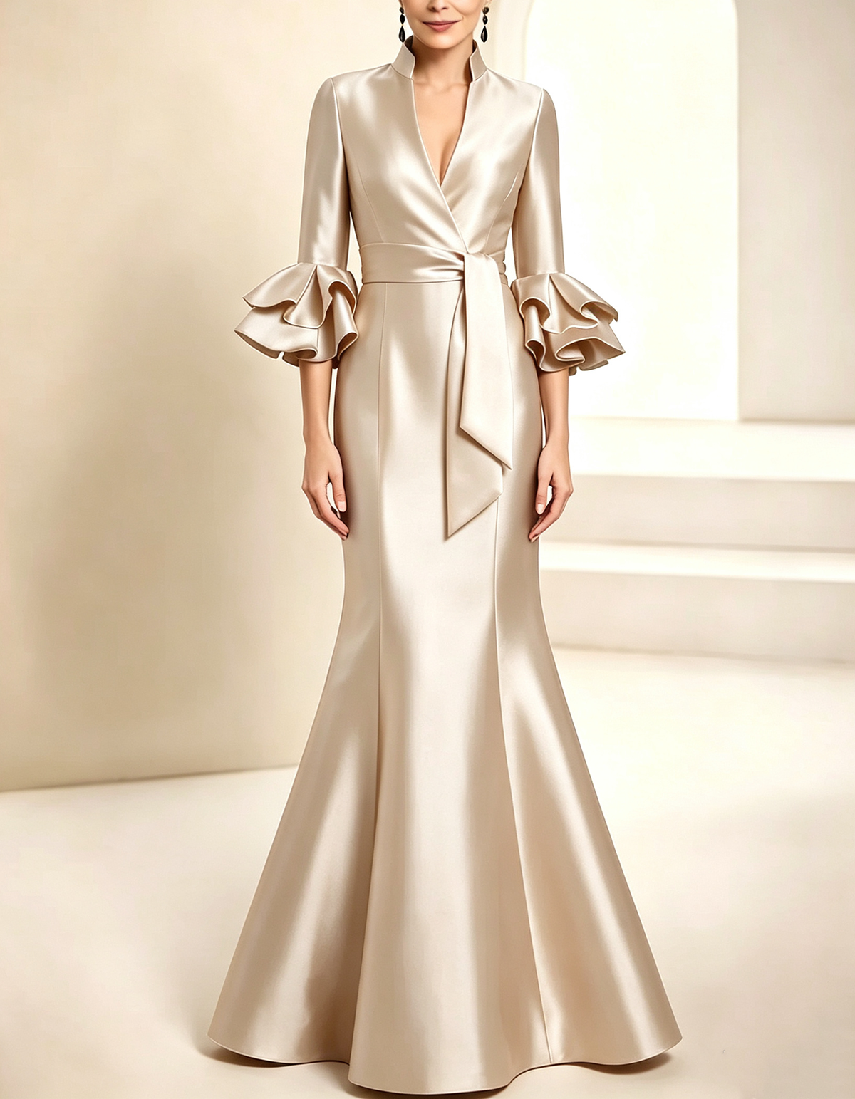 Robe longue maxi sirène en satin bleu roi, col montant et volants