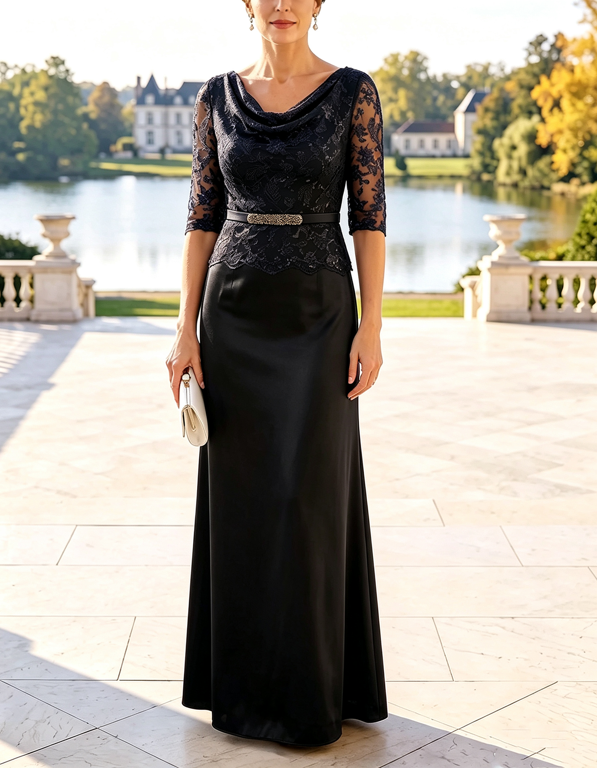 Abito lungo maxi in chiffon blu navy con scollo a cappuccio e maniche in pizzo a tre quarti