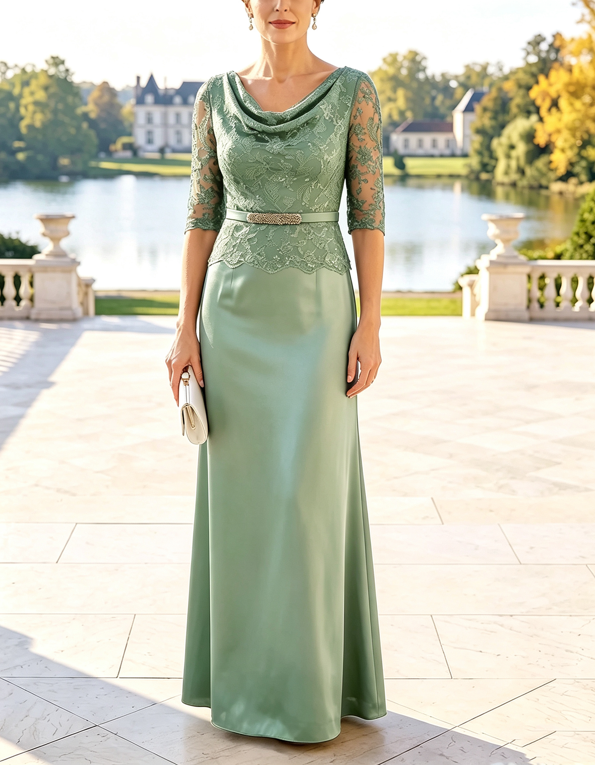 Abito lungo maxi in chiffon blu navy con scollo a cappuccio e maniche in pizzo a tre quarti