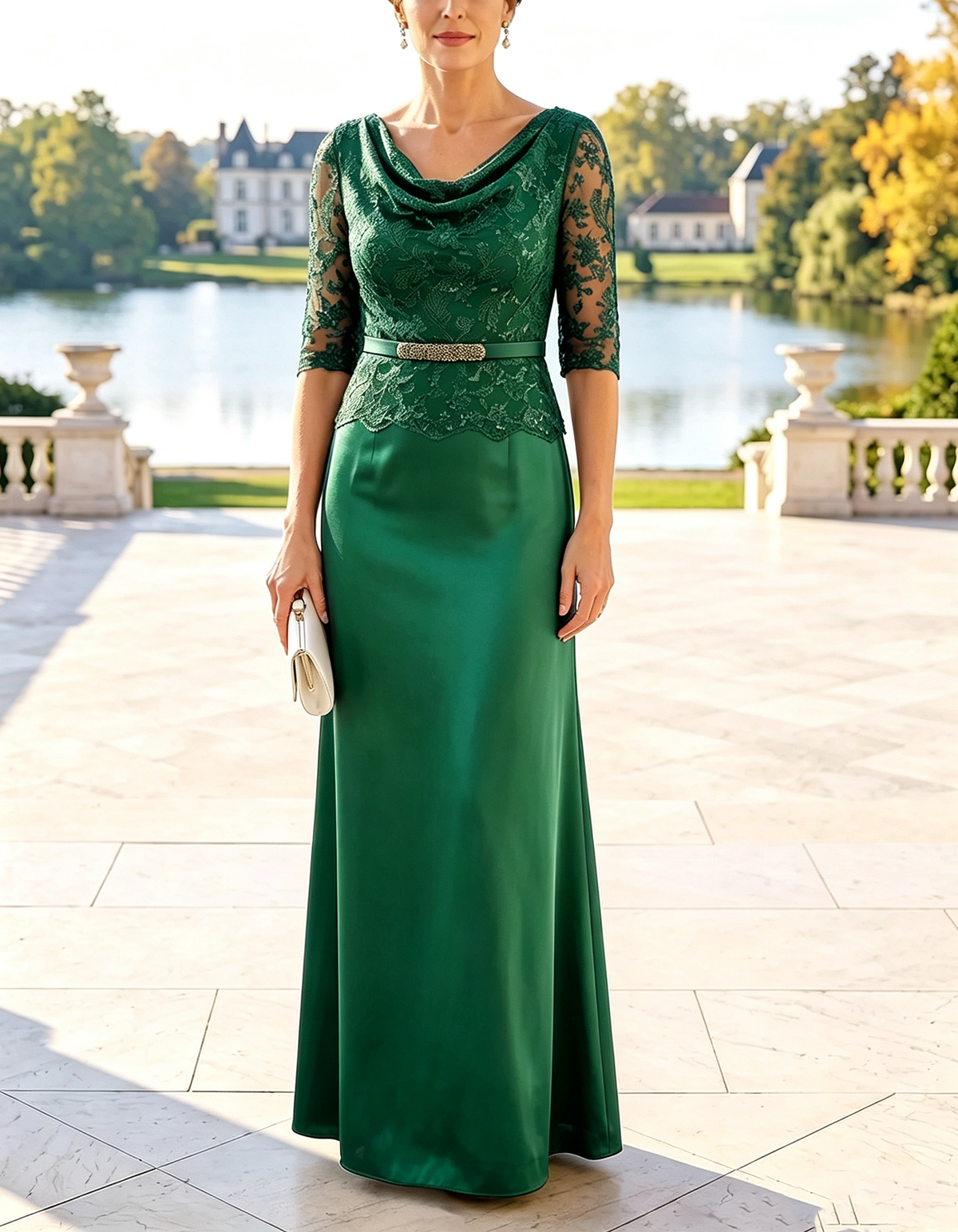 Abito lungo maxi in chiffon blu navy con scollo a cappuccio e maniche in pizzo a tre quarti