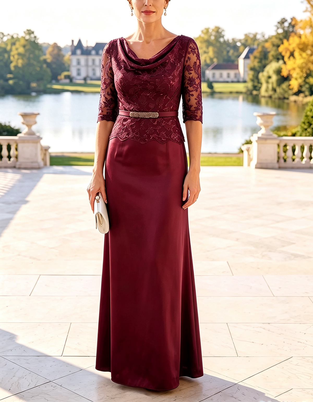 Abito lungo maxi in chiffon blu navy con scollo a cappuccio e maniche in pizzo a tre quarti