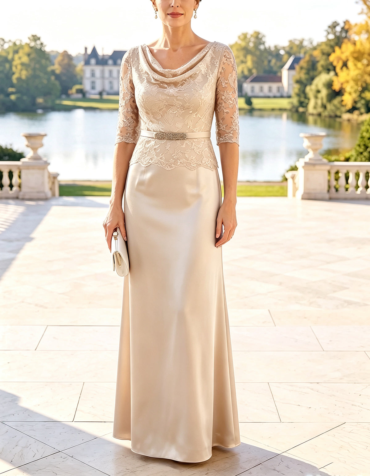 Abito lungo maxi in chiffon blu navy con scollo a cappuccio e maniche in pizzo a tre quarti