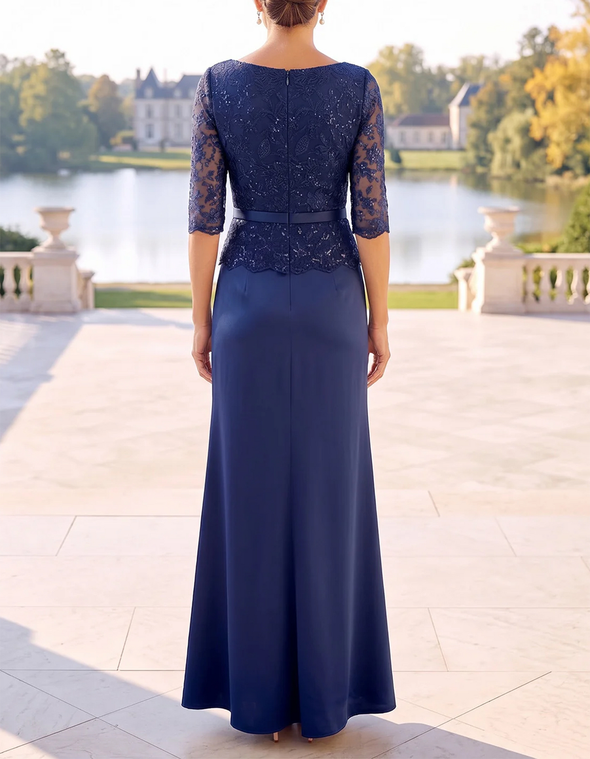 Abito lungo maxi in chiffon blu navy con scollo a cappuccio e maniche in pizzo a tre quarti