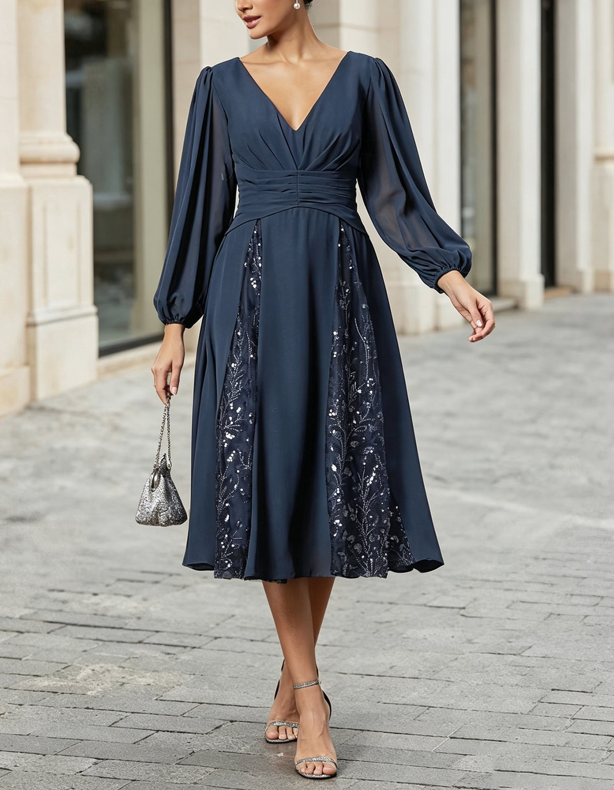 Dark Blue Chiffon V-Neck Sequined Lace Maxi Dress