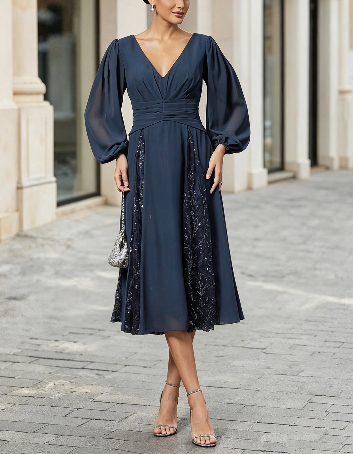 Dark Blue Chiffon V-Neck Sequined Lace Maxi Dress