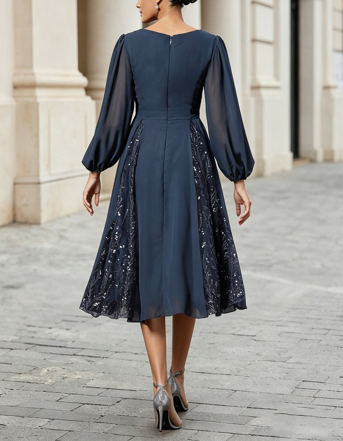Dark Blue Chiffon V-Neck Sequined Lace Maxi Dress