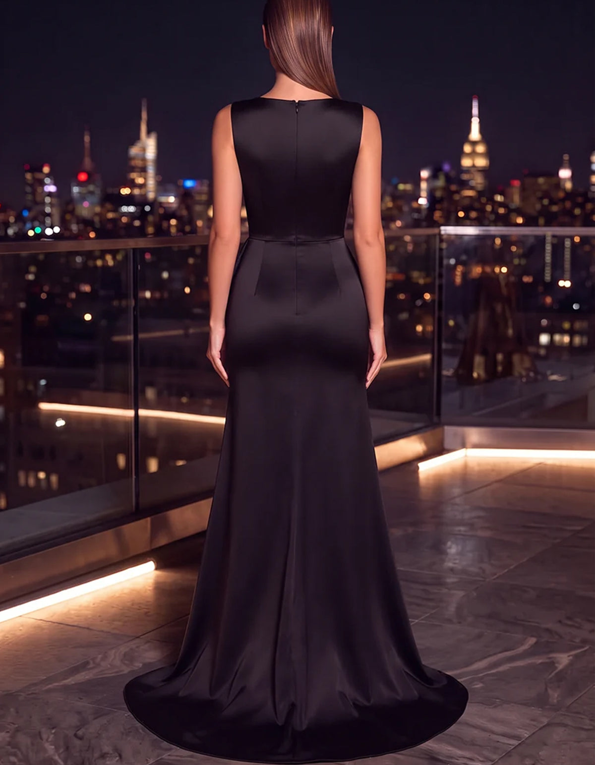 Schwarz-goldenes Satin-Maxikleid mit Plisseefalten, gerader Silhouette und Schleppe