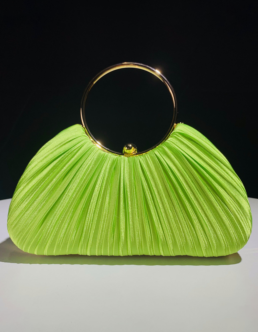 Clutch de noche de satén color champán con asa de aro plisada para mujer, boda y fiesta