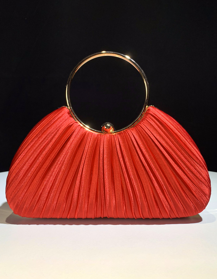 Clutch de noche de satén color champán con asa de aro plisada para mujer, boda y fiesta