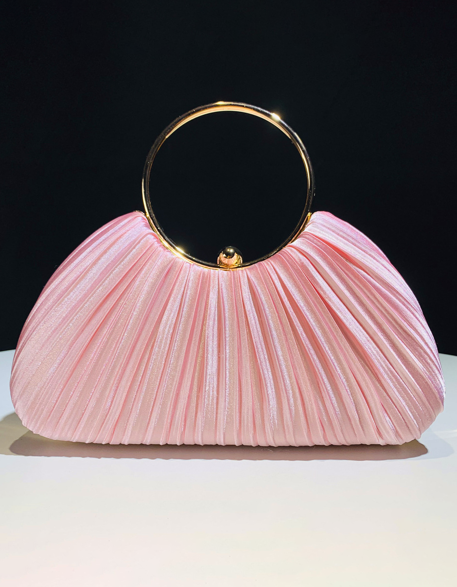 Clutch de noche de satén color champán con asa de aro plisada para mujer, boda y fiesta