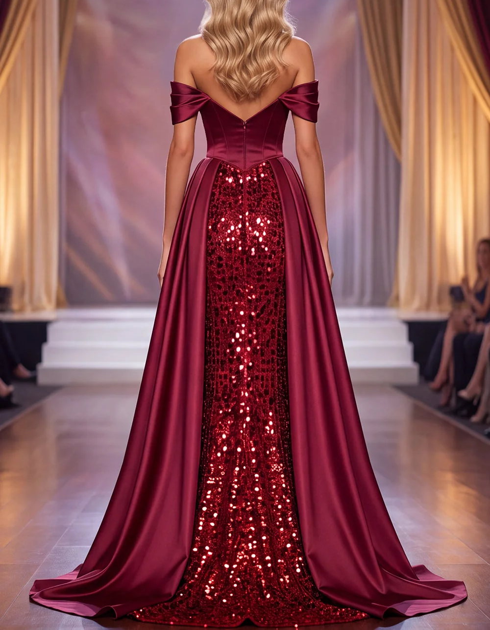 Robe de soirée maxi trapèze en satin à sequins, épaules dénudées