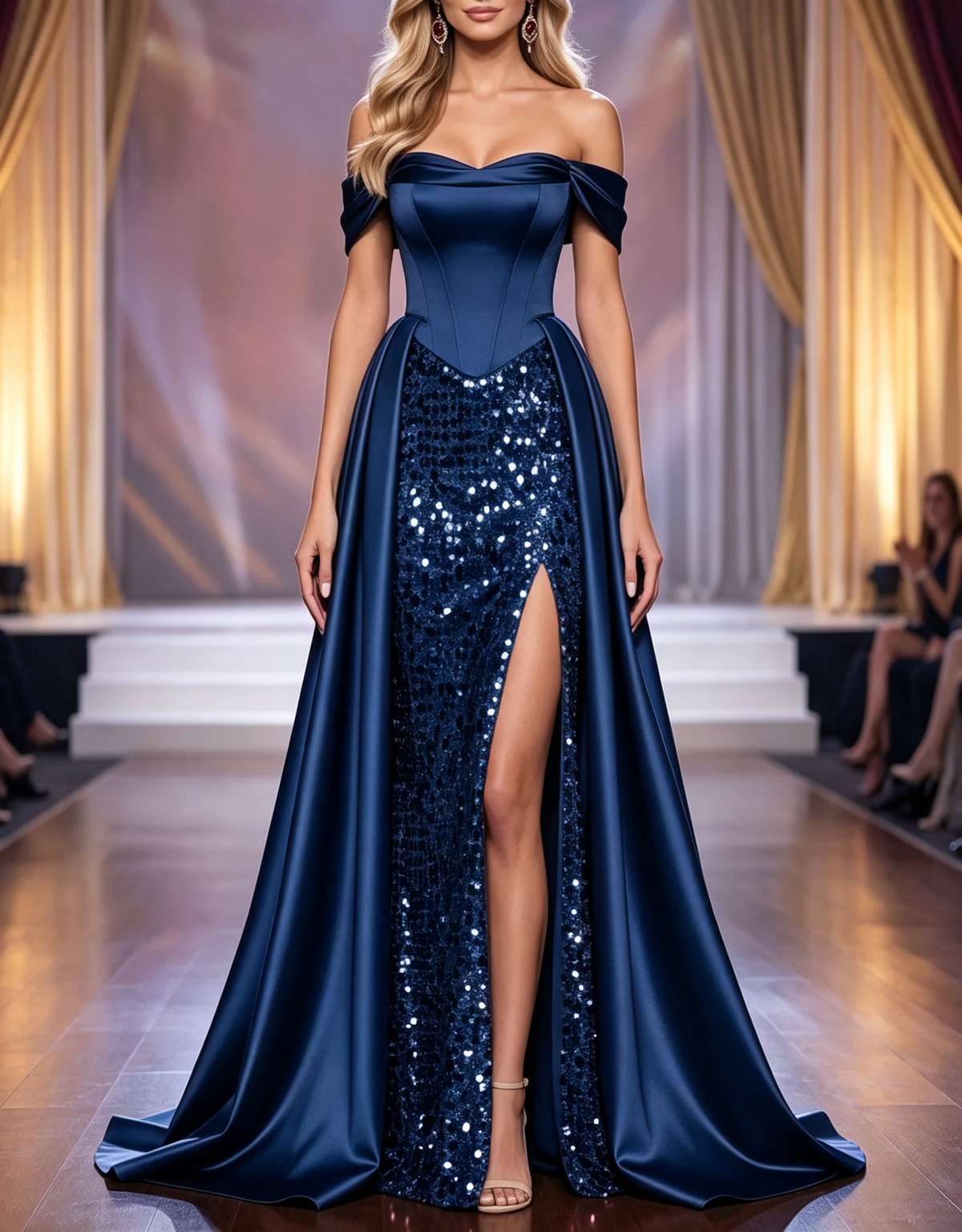 Vestido largo de noche evasé de satén con lentejuelas y hombros descubiertos