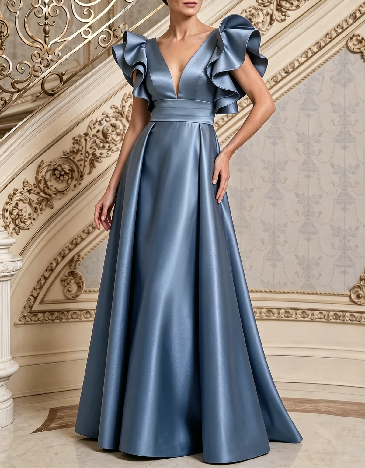 Vestido largo de noche evasé de satén con escote en V profundo y hombros con volantes