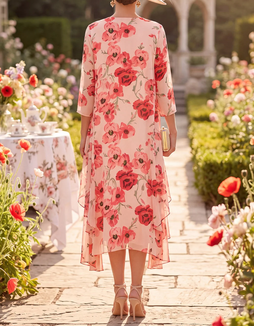 Chiffon Floral Print Round Neck Sleeveless A-Line Midi Dress + Jacket 2 Piece Set