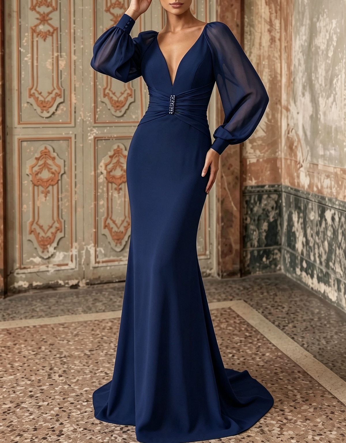 Vestido largo de noche de gasa, con escote en V profundo, mangas largas abullonadas, cintura ajustada y corte sirena