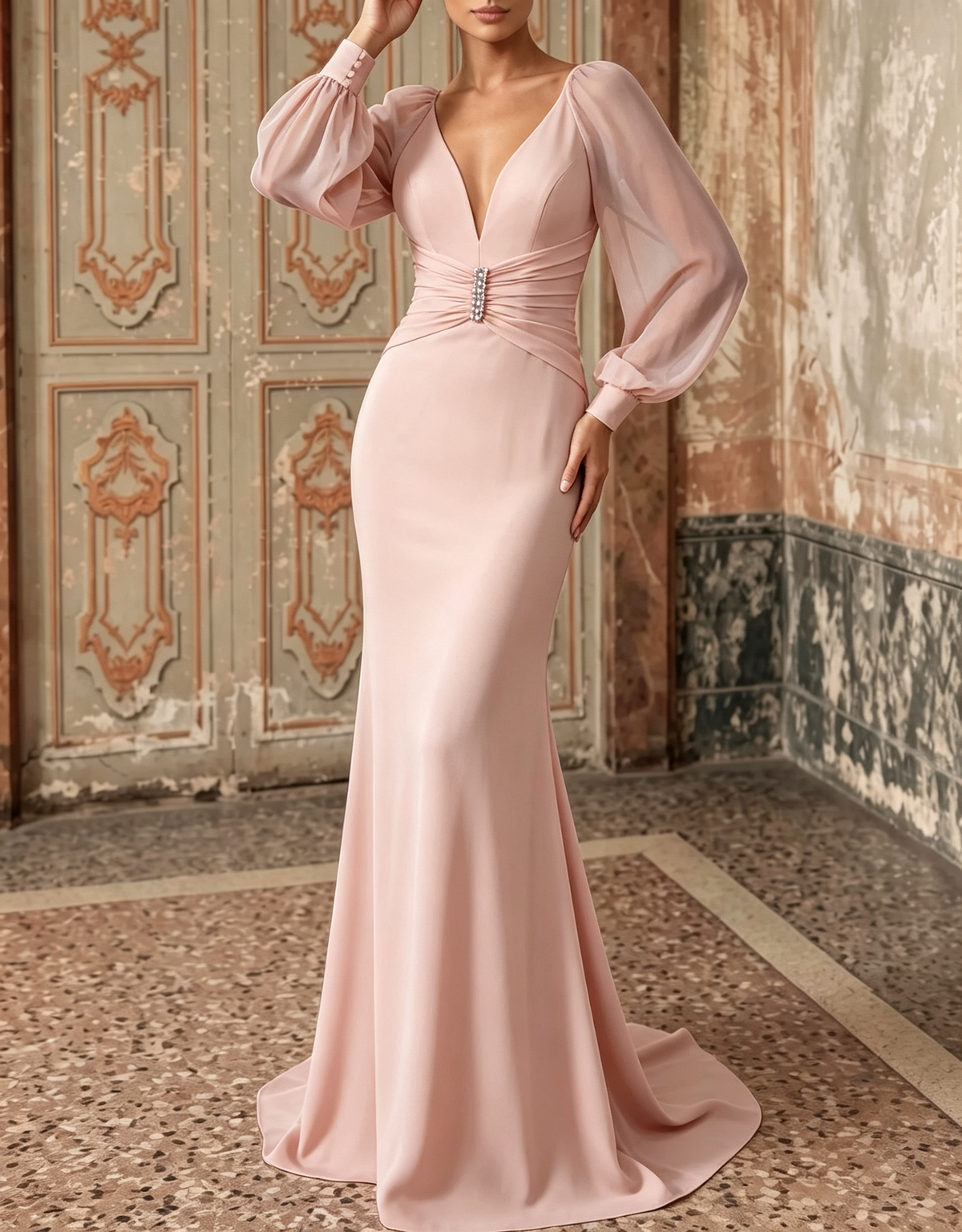 Vestido largo de noche de gasa, con escote en V profundo, mangas largas abullonadas, cintura ajustada y corte sirena