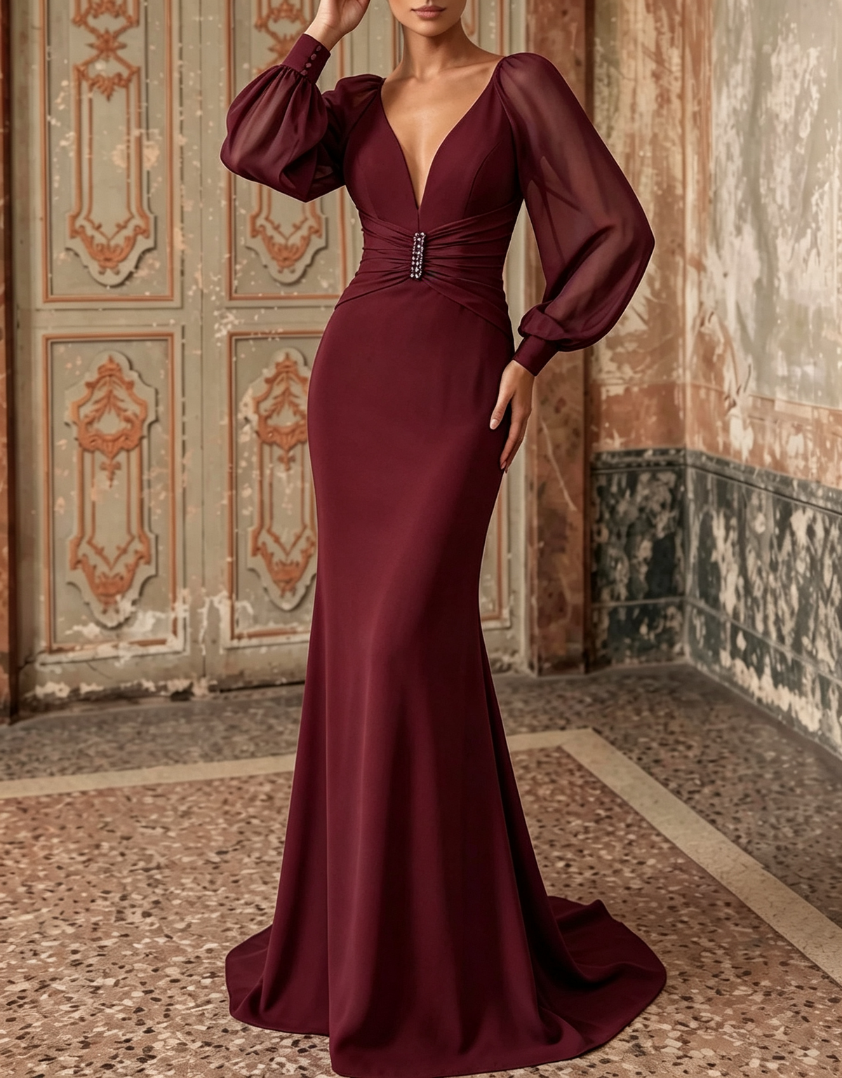 Vestido largo de noche de gasa, con escote en V profundo, mangas largas abullonadas, cintura ajustada y corte sirena