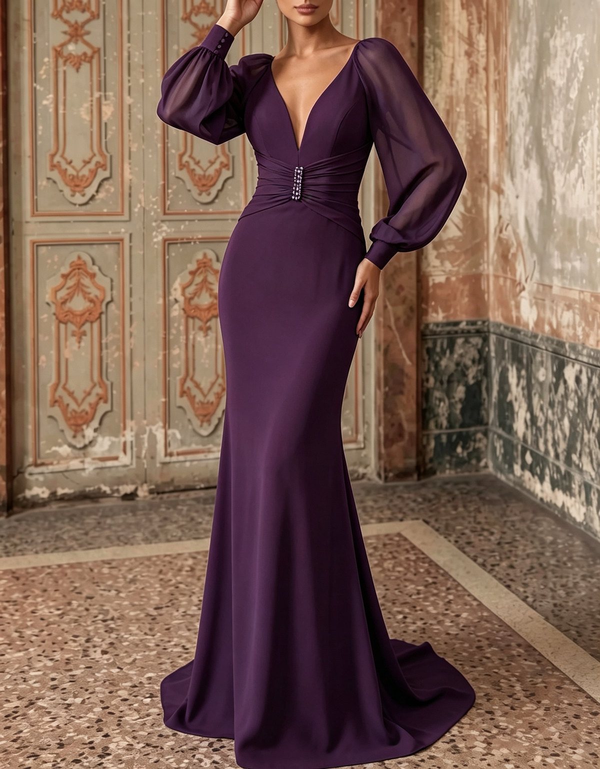Vestido largo de noche de gasa, con escote en V profundo, mangas largas abullonadas, cintura ajustada y corte sirena