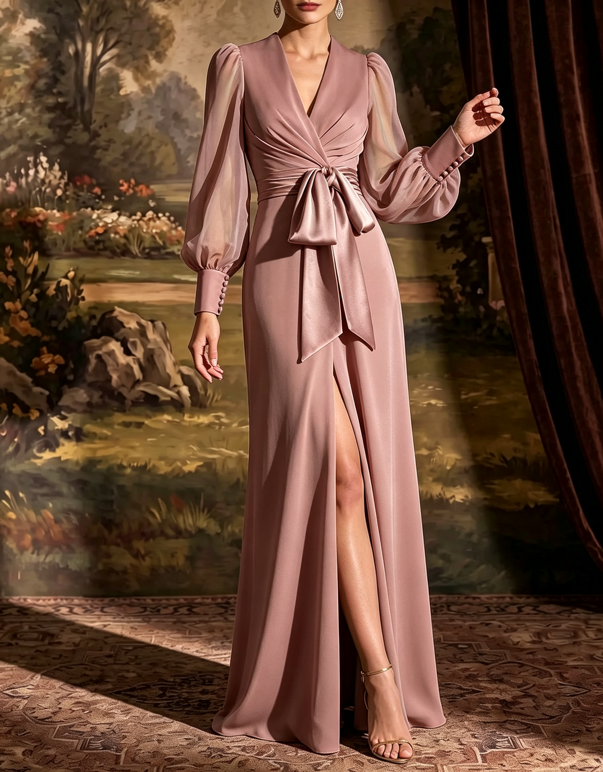 Vestido largo de noche evasé de gasa, con escote en V, mangas abullonadas, cintura de satén con lazo y abertura