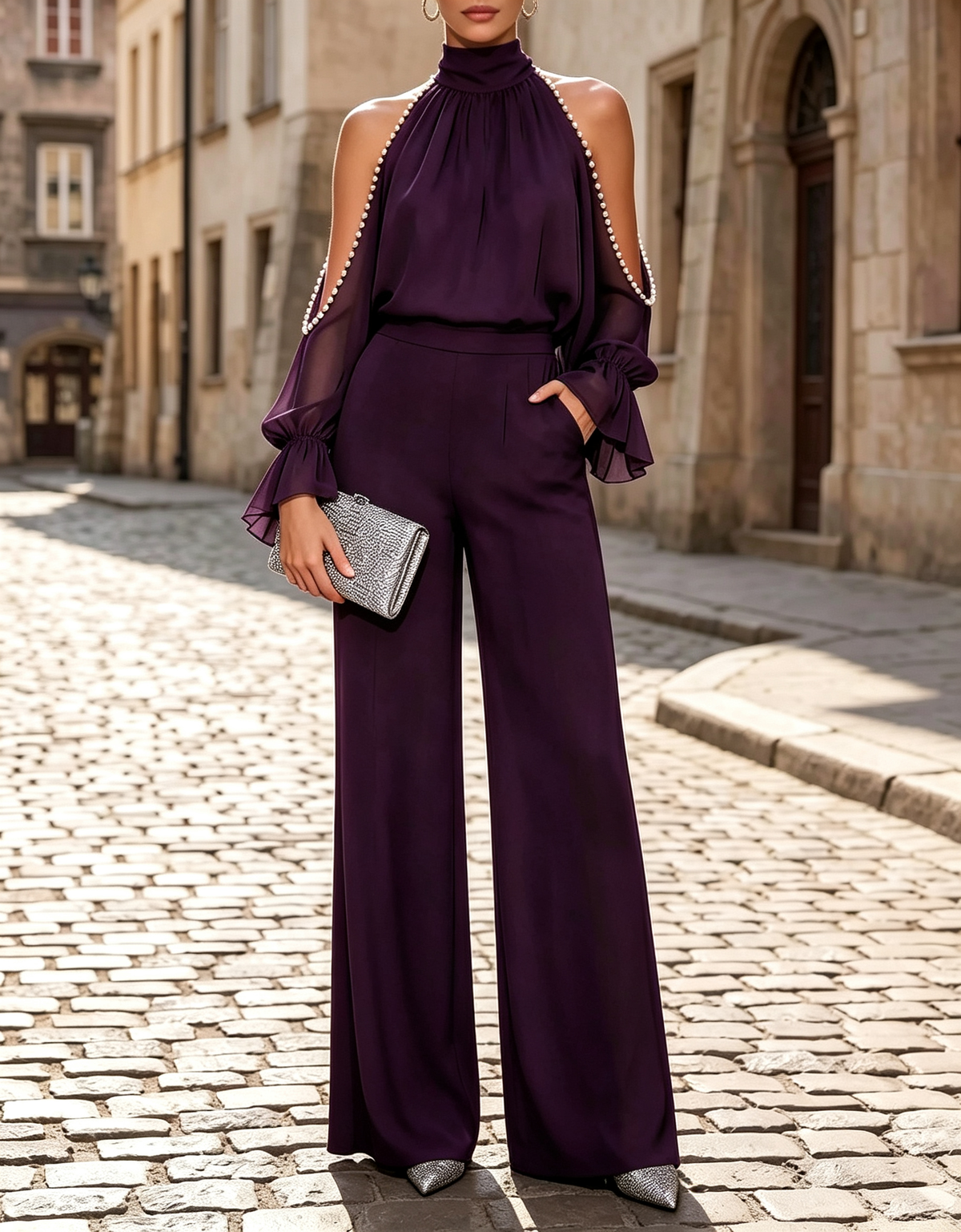 Mono formal de pierna ancha de gasa, con cuello halter, ribete de perlas, hombros descubiertos y mangas largas