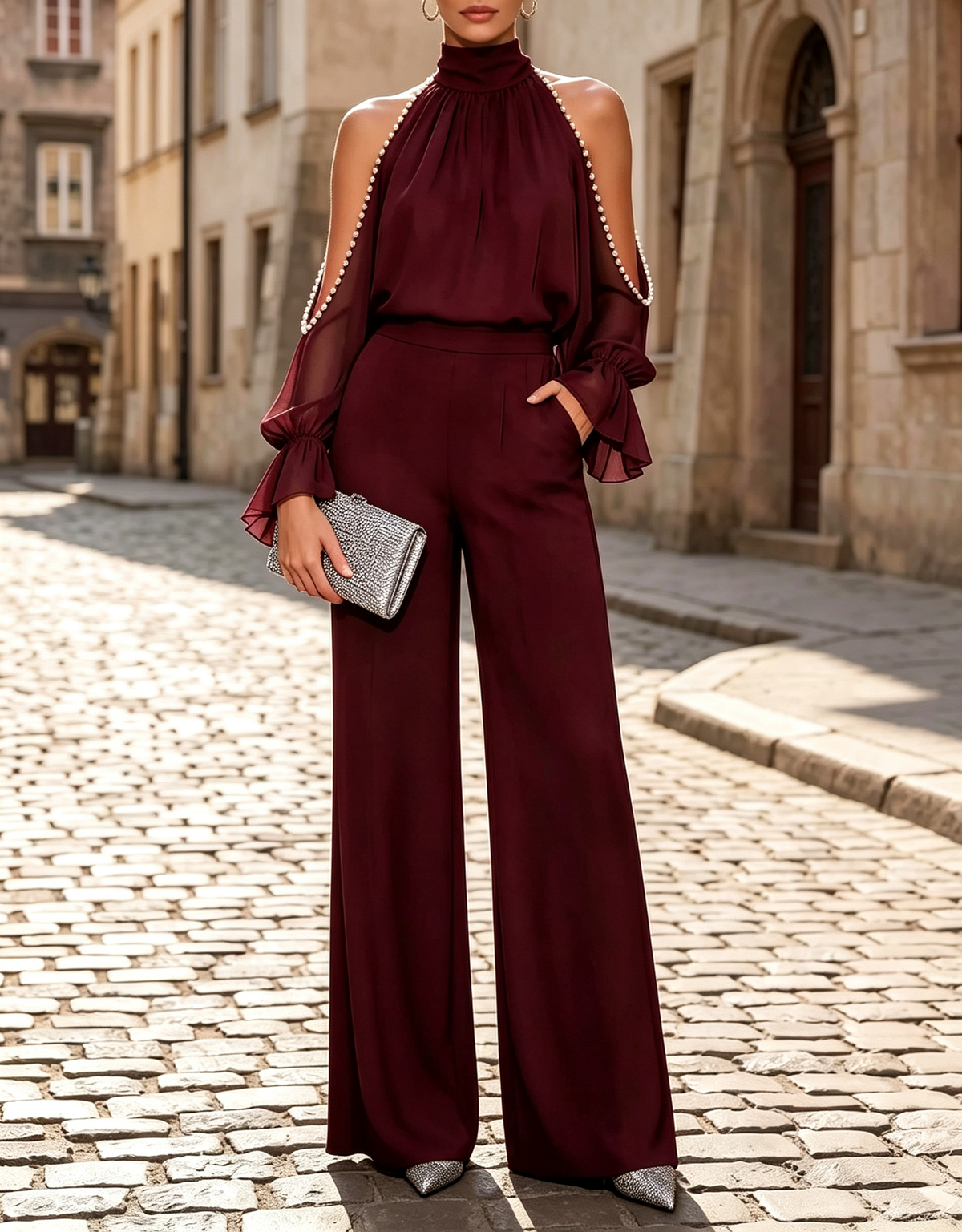 Mono formal de pierna ancha de gasa, con cuello halter, ribete de perlas, hombros descubiertos y mangas largas