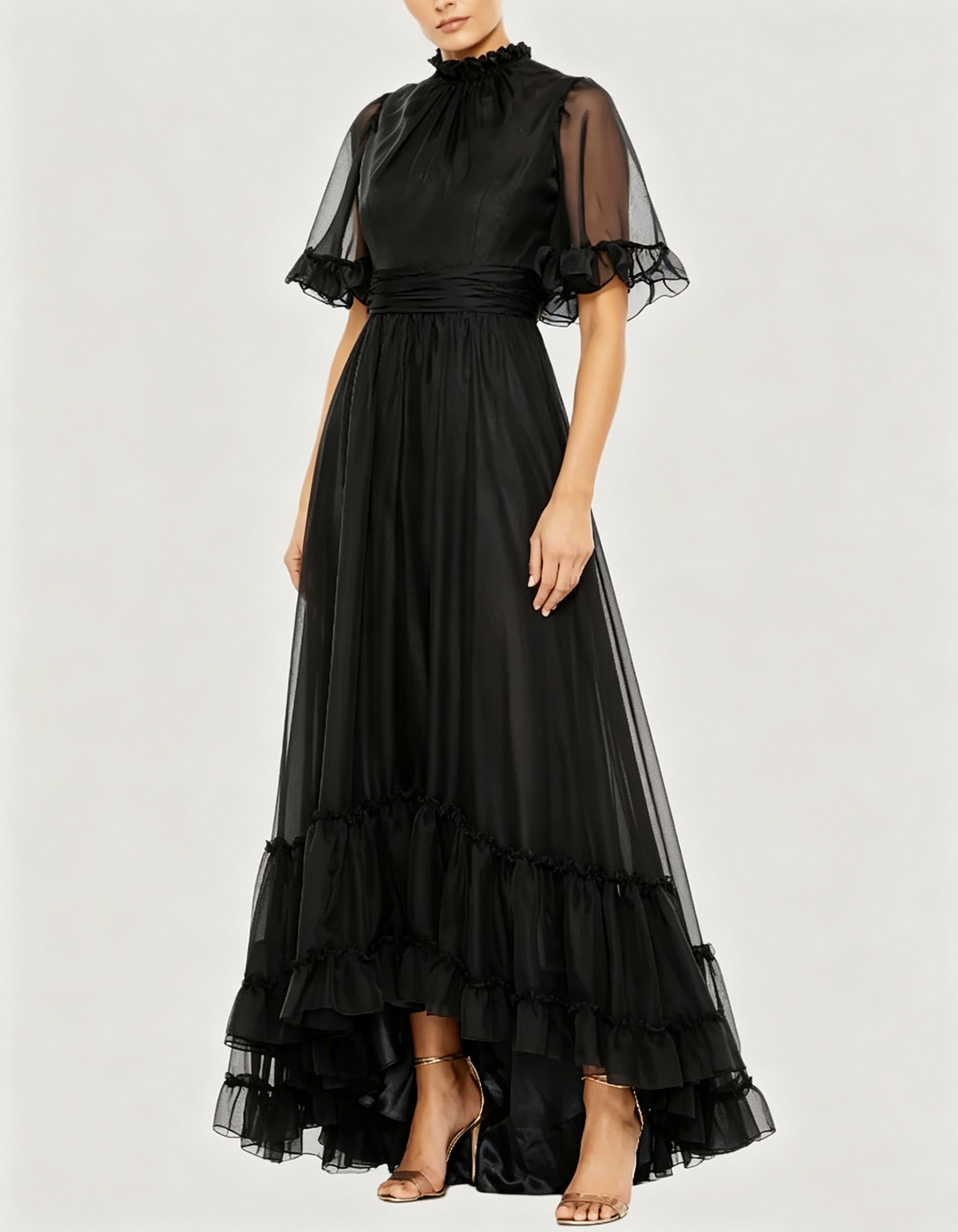 Maxikleid aus Organza mit Rüschen und Stehkragen