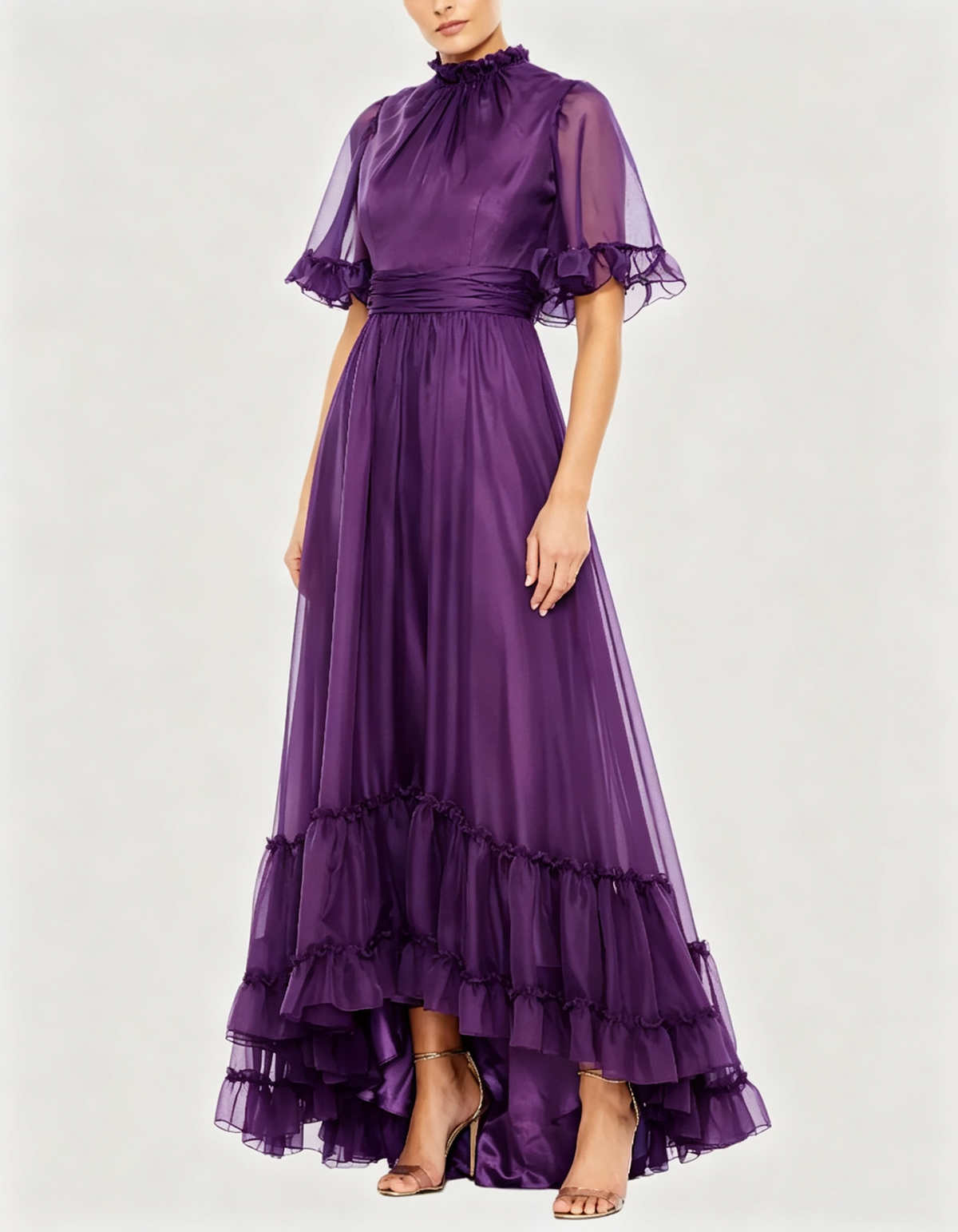 Maxikleid aus Organza mit Rüschen und Stehkragen