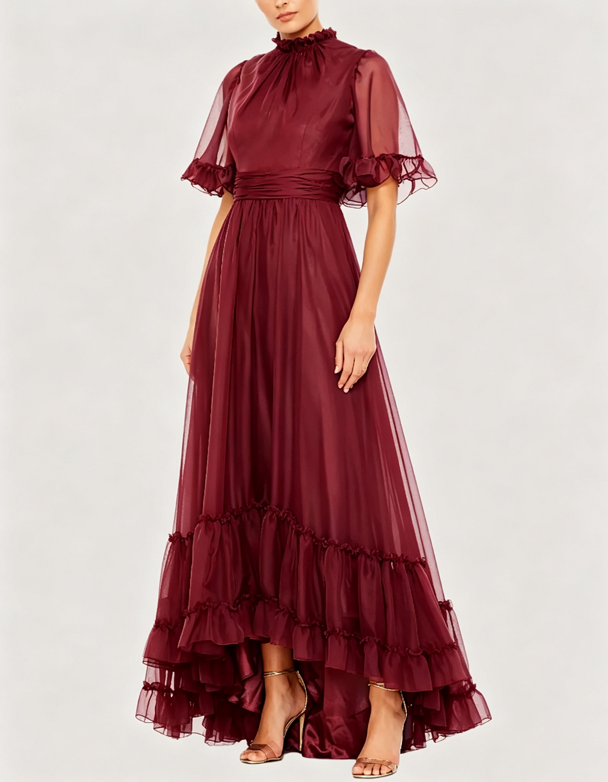 Maxikleid aus Organza mit Rüschen und Stehkragen