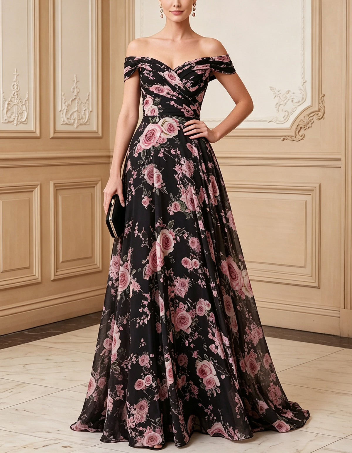 Romantic Black Pink Rose Floral Off Shoulder Chiffon Maxi Dress