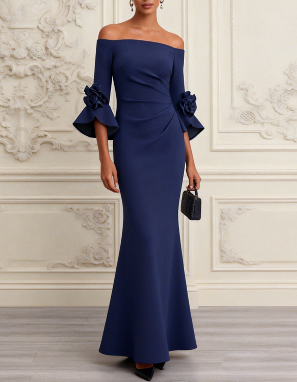 Vestido maxi azul-escuro de corte sereia e ombros descobertos