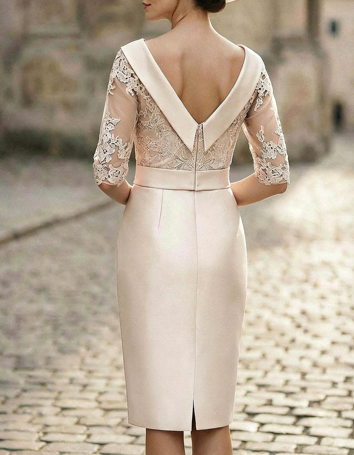 Vestido formal midi feminino em cetim com gola drapeada, bordado de renda e laço