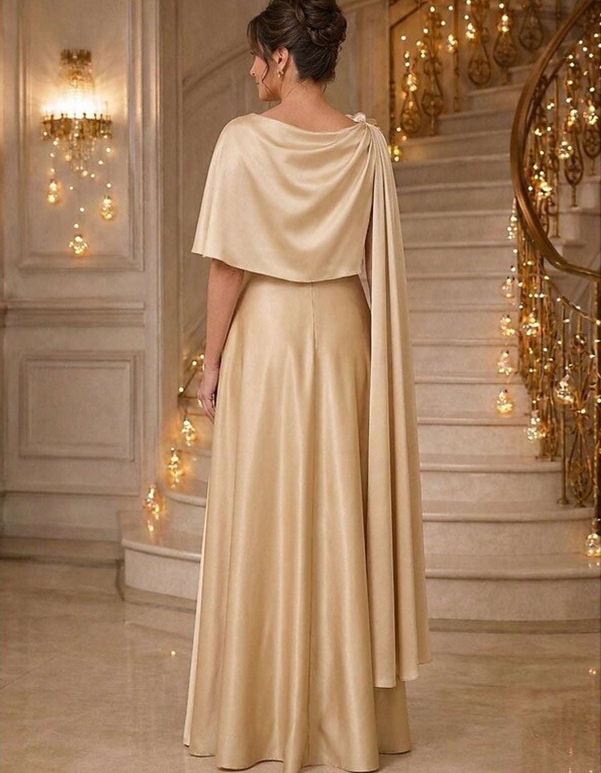 Satin Draped Cowl Neck Asymmetric Cape Sleeve 3D Flower Maxi Dress