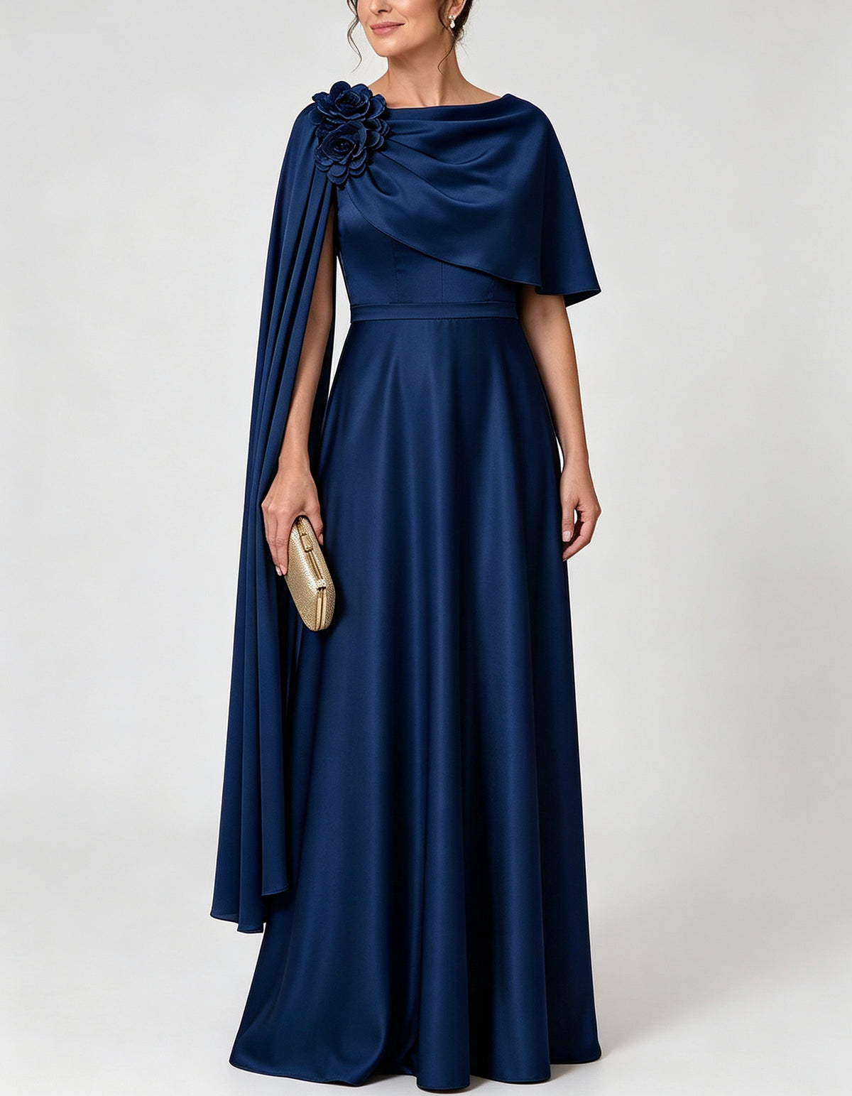 Satin Draped Cowl Neck Asymmetric Cape Sleeve 3D Flower Maxi Dress
