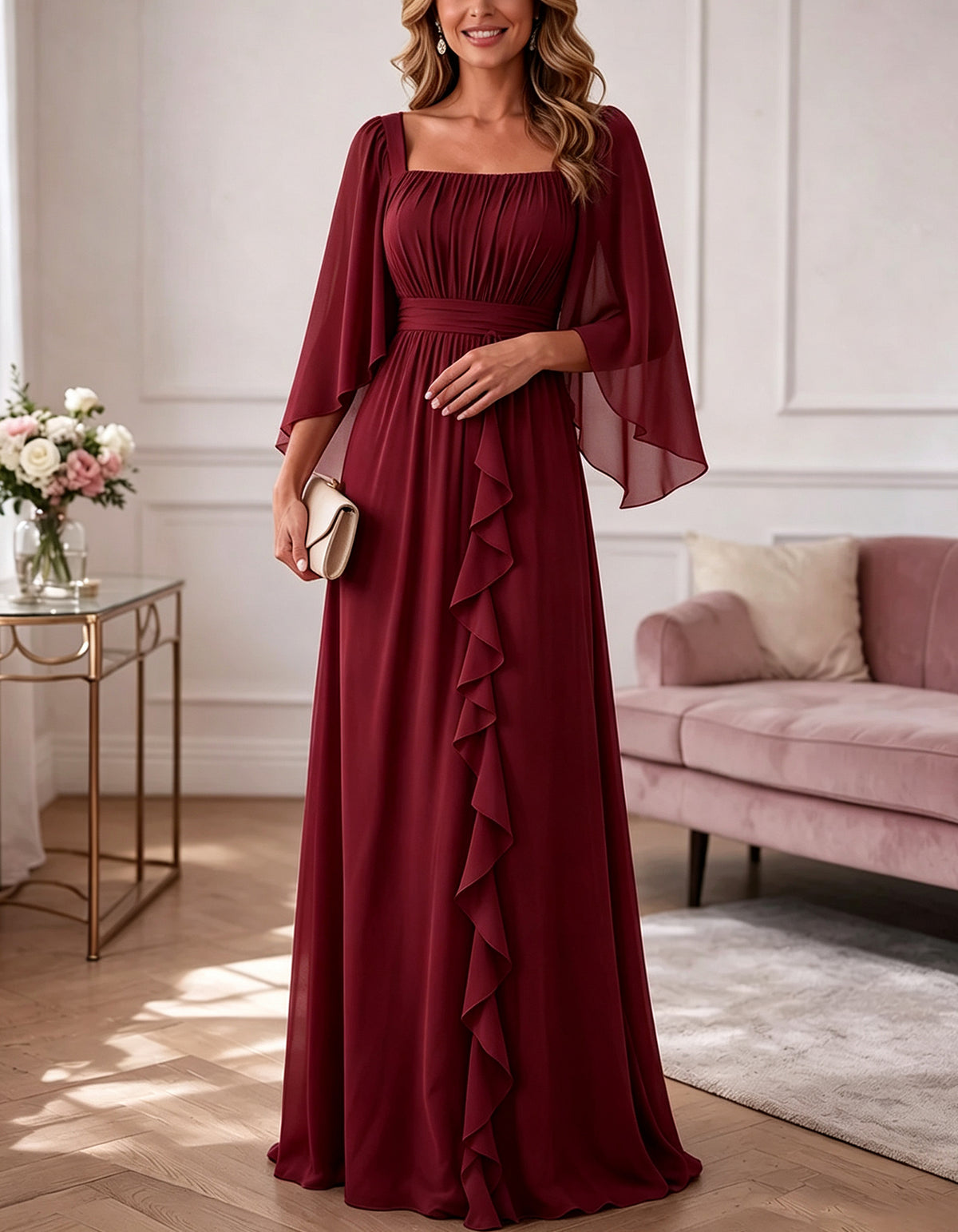 Chiffon-Maxikleid mit eckigem Ausschnitt, Cape-Flatterärmeln und Raffungen