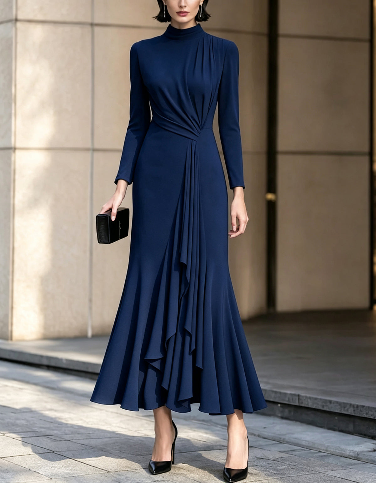 Midikleid mit Stehkragen, langen Ärmeln, gedrehtem Raffbund und Volants