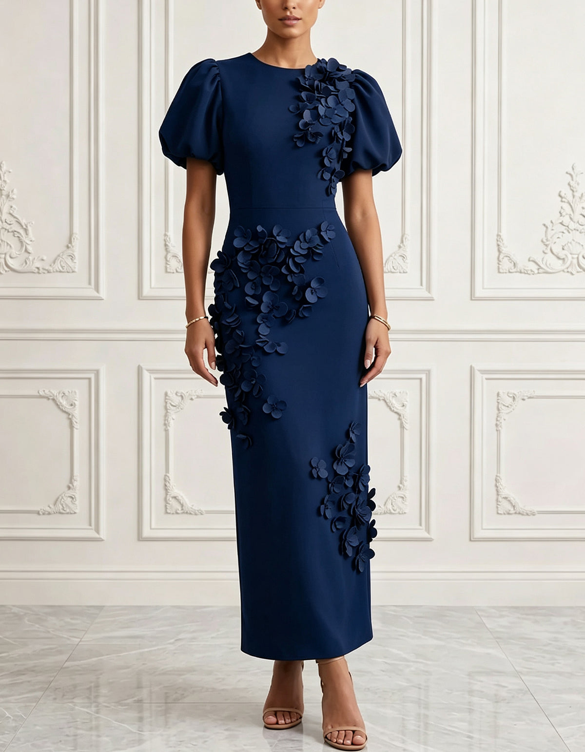 Robe midi fleurie 3D à col rond et manches courtes bouffantes